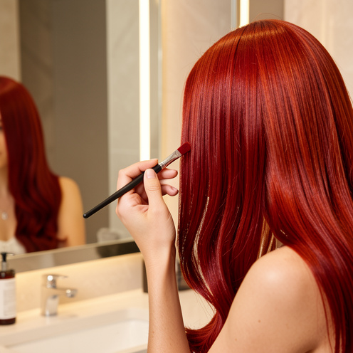 Femme aux cheveux rouge cuivré intense appliquant une coloration avec un pinceau devant un miroir, dans une salle de bain lumineuse.