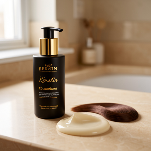 Flacon élégant d’après-shampooing à la kératine posé sur un comptoir de salle de bain, avec une noisette de crème et une mèche de cheveux bruns lisses.