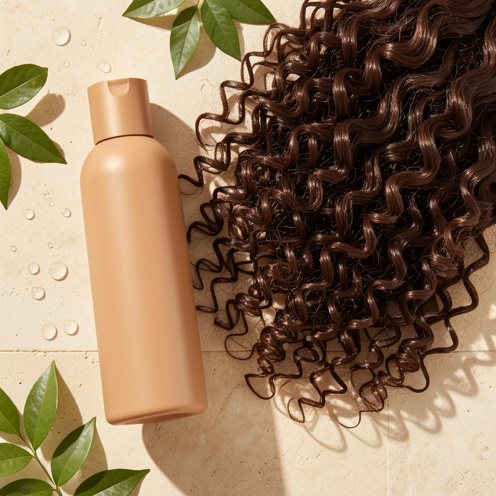 Flacon d’après-shampooing sans inscription placé à côté de boucles brillantes et bien définies, avec des feuilles végétales et des gouttes d’eau.