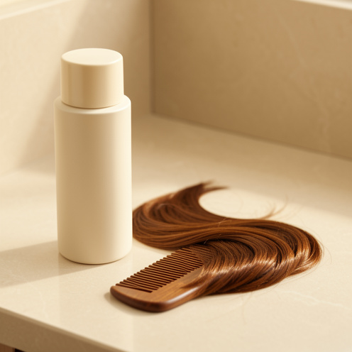 Flacon de shampoing sans étiquette posé près d’un peigne en bois et de cheveux lisses et brillants dans une salle de bains lumineuse.