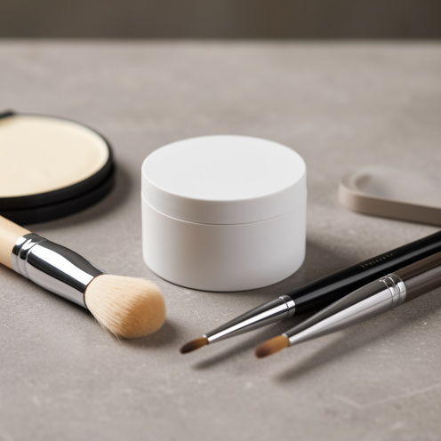 Produit de finition professionnel non étiqueté présenté avec des accessoires de coiffage sur une surface minérale élégante.