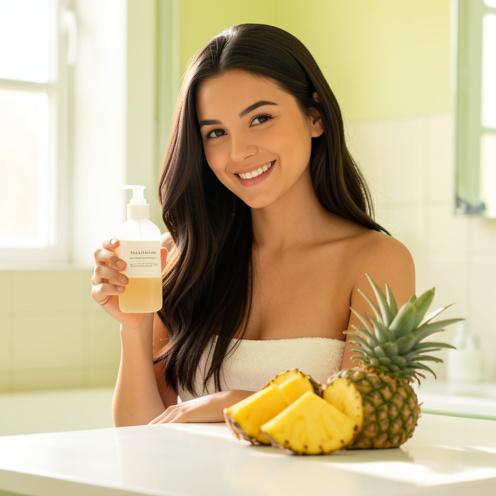 Jeune femme aux cheveux longs tenant un flacon de soin sans étiquette près de tranches d’ananas dans une salle de bains lumineuse.