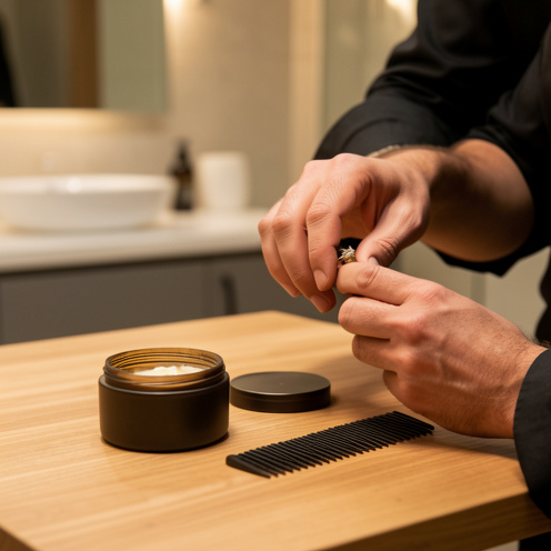 Homme appliquant soigneusement une petite quantité de gomina sur ses cheveux, avec un pot sans étiquette et un peigne posés sur une table de salle de bain.