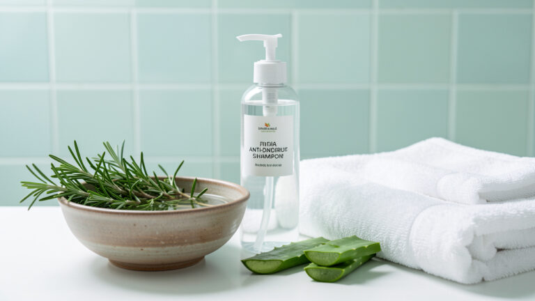 Flacon de shampoing sans étiquette entouré de romarin, d’aloe vera, d’un bol d’eau et d’une serviette blanche, évoquant le soin doux du cuir chevelu.