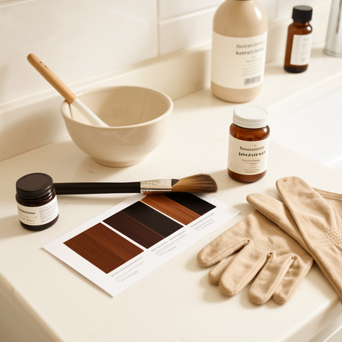 Kit de coloration capillaire sans marque avec plusieurs nuances brunes, un bol, un pinceau applicateur, des ingrédients botaniques et des gants disposés sur un plan de salle de bain lumineux.