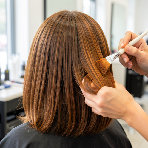 Une femme aux cheveux bruns mi-longs reçoit l’application professionnelle d’une coloration permanente dans un salon lumineux, avec des nuances chaleureuses auburn.