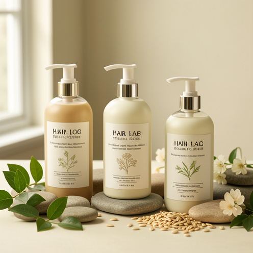 Sélection de flacons de shampoing et d’ingrédients botaniques évoquant différentes gammes et indications de soins capillaires.