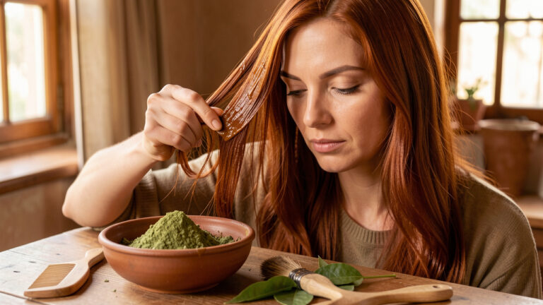Femme appliquant une pâte de henné sur ses cheveux auburn, avec une poudre végétale, un bol, un peigne en bois et des feuilles de henné autour d’elle.