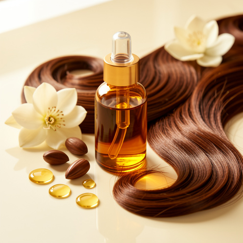Flacon ambré d’huile pour cheveux entouré de mèches brillantes, de gouttes dorées, de graines d’argan et de fleurs claires sur une surface crème.