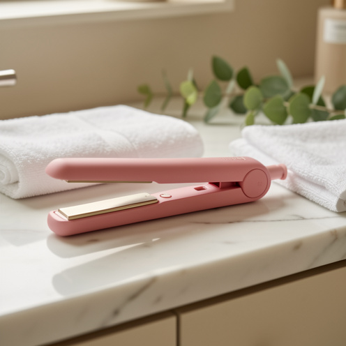 Lisseur cheveux rose ouvert, posé sur une surface en marbre avec une serviette blanche et des feuilles décoratives.