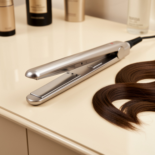Lisseur Saint Algue Demeliss Titanium ouvert, posé sur une coiffeuse claire avec des mèches de cheveux lisses.