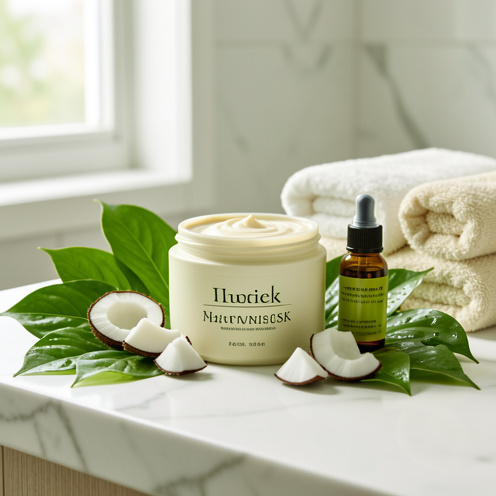 Pot neutre de masque capillaire nourrissant entouré de feuilles vertes, de noix de coco, d’huiles végétales et de serviettes sur un comptoir de salle de bains.