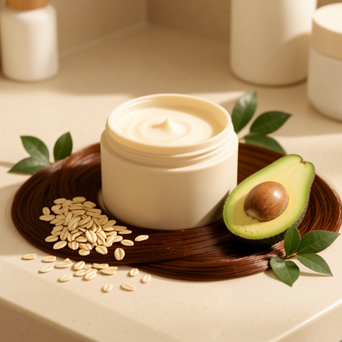 Pot de masque nourrissant pour les cheveux entouré de mèches brillantes, d’avoine, d’avocat et de feuilles végétales sur un comptoir beige.