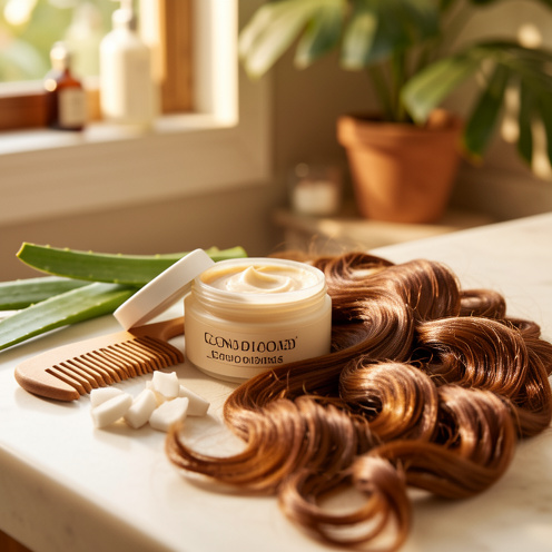 Soin capillaire crémeux non identifié présenté avec un peigne en bois, de la noix de coco, de l’aloe vera et des cheveux ondulés brillants dans une salle de bains lumineuse.