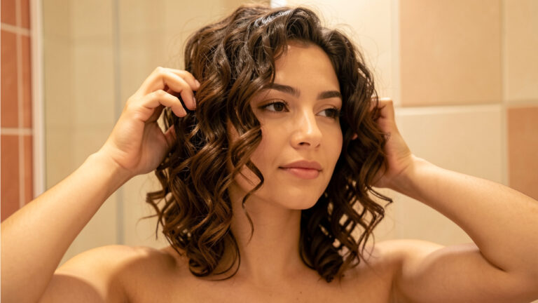 Une jeune femme applique délicatement une mousse coiffante sur ses cheveux bouclés pour former des boucles légères et bien définies.