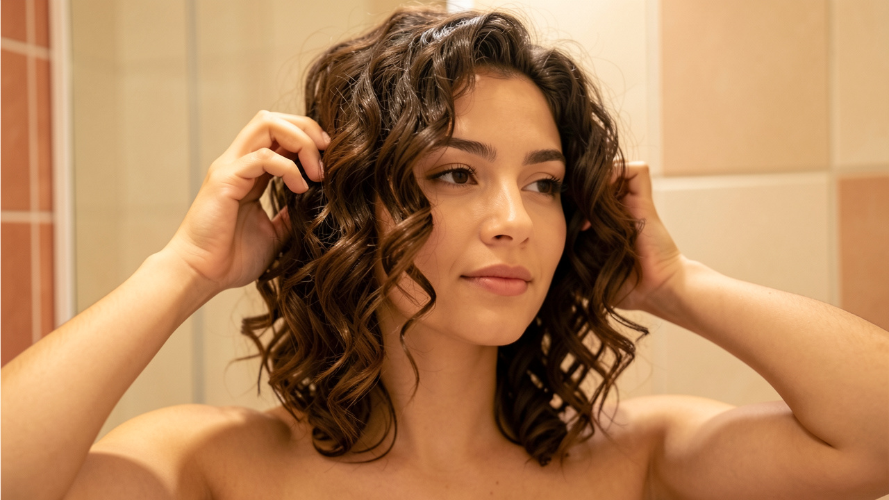 Une jeune femme applique délicatement une mousse coiffante sur ses cheveux bouclés pour former des boucles légères et bien définies.