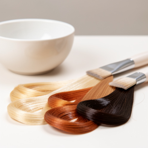 Nuancier de mèches de cheveux dans des tons blonds, cuivrés, châtains et bruns, présenté avec un bol et un pinceau d’application dans un salon lumineux.