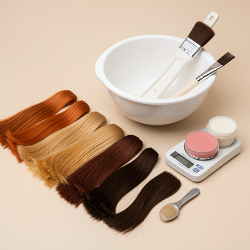 Nuancier de mèches de cheveux dans plusieurs teintes, accompagné d’un bol de mélange, d’une balance de précision, d’un pinceau et de contenants neutres.