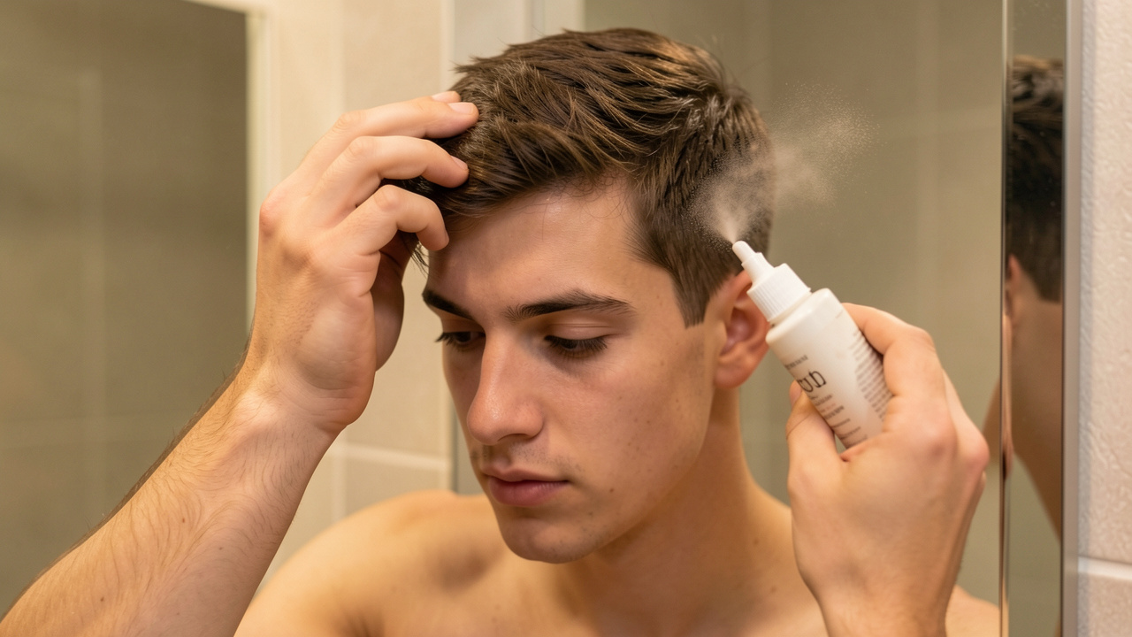 Un homme applique délicatement une poudre coiffante sur ses racines pour donner du volume naturel à ses cheveux.