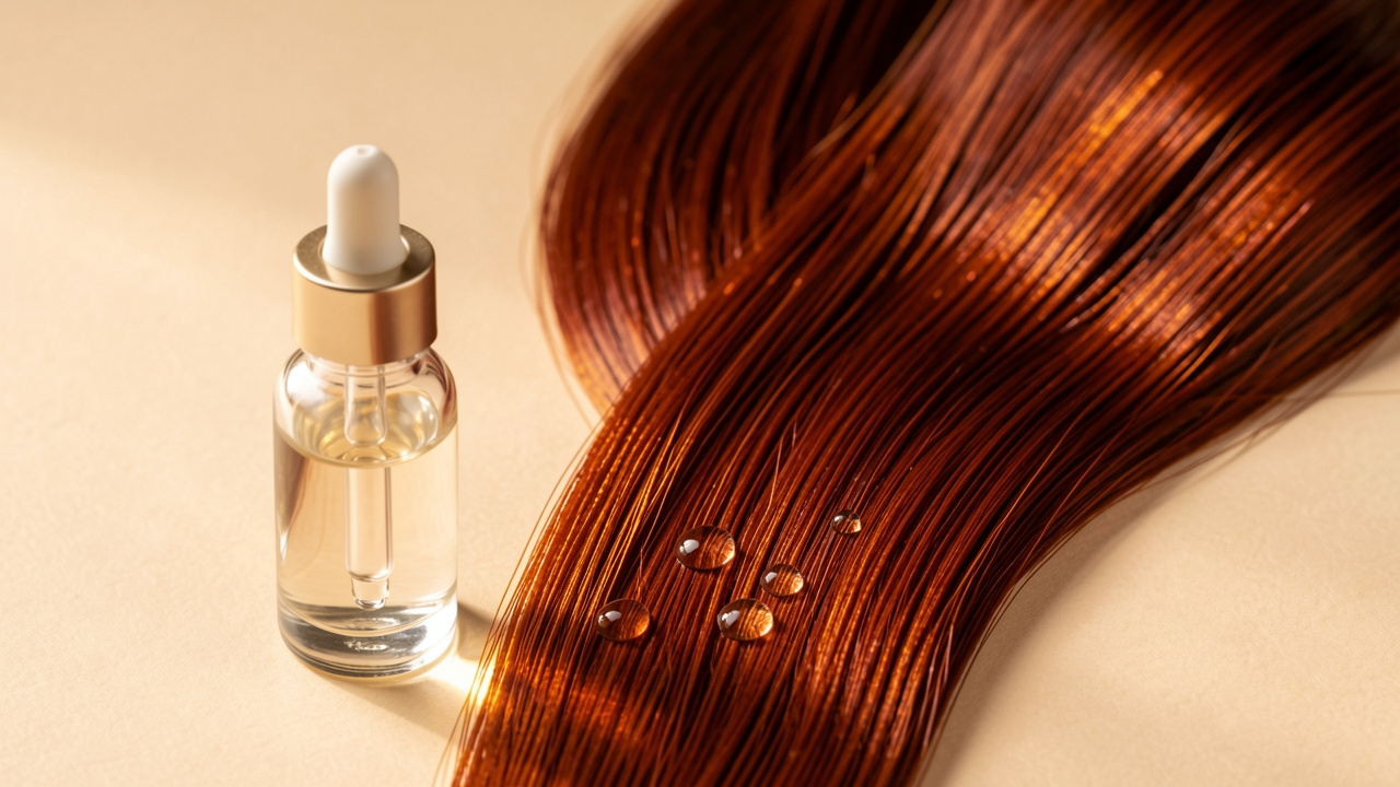 Flacon de sérum capillaire posé près de longues mèches de cheveux auburn brillantes, avec une lumière douce qui souligne leur éclat.