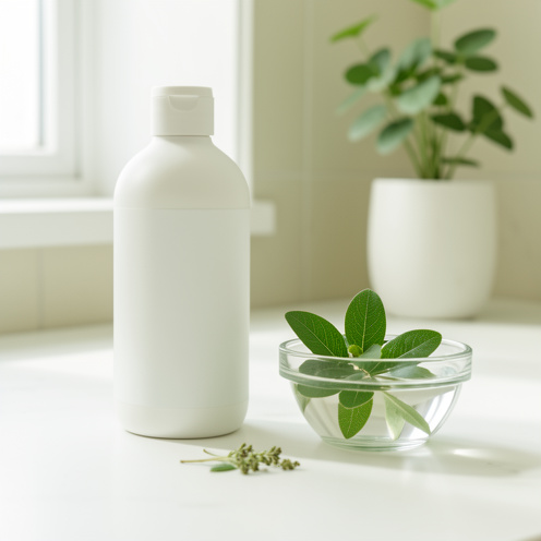 Flacon de shampoing sans étiquette entouré de feuilles vertes et d’un bol d’eau dans une salle de bain lumineuse.