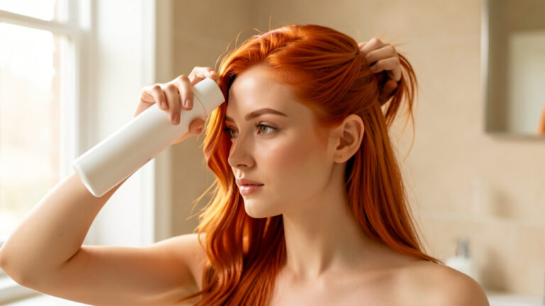 Jeune femme aux cheveux cuivrés appliquant délicatement un shampoing sec sur ses racines dans une salle de bain lumineuse.