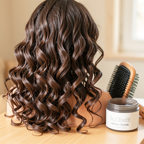 Gros plan sur des boucles brillantes et bien définies, avec un pot de crème capillaire sans marque et une brosse de coiffage.