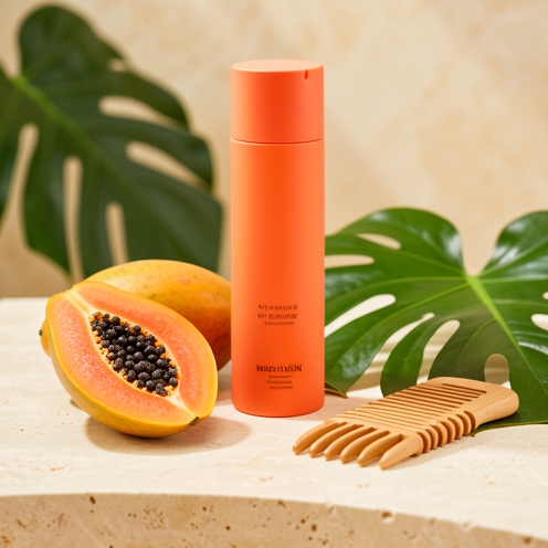 Flacon de soin capillaire orange corail entouré de morceaux de papaye fraîche, de feuilles tropicales et d’un peigne en bois.