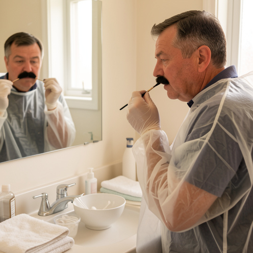 Homme aux moustaches soigneusement taillées appliquant une teinture cosmétique avec un petit pinceau dans une salle de bain, équipé de gants et d’une cape de protection.